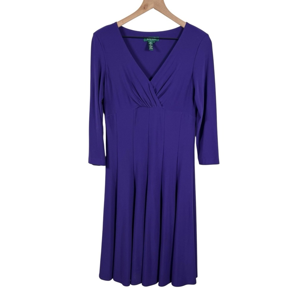 Lauren Ralph Lauren‎ Womens 8 Purple V Neck Pleated Stretch A-Line Midi Dress